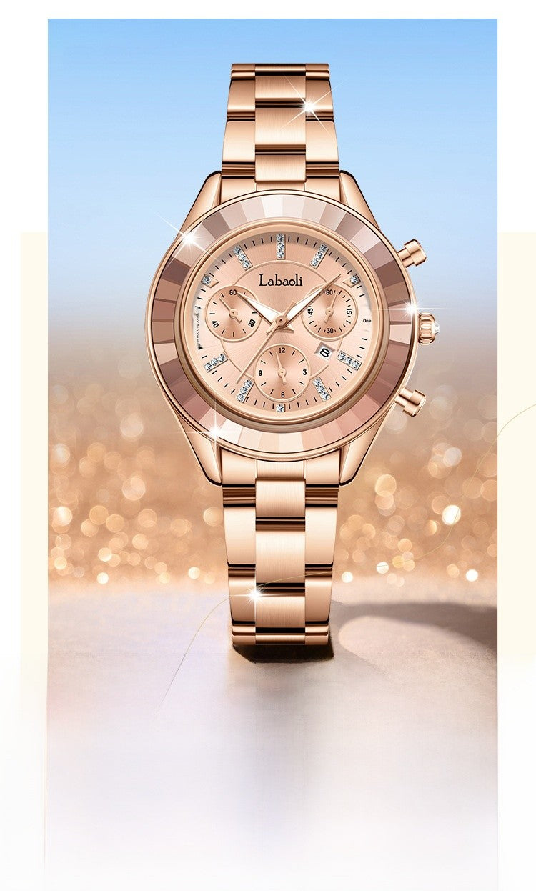 Women's Quartz Watch With Stainless Steel Strap And Butterfly Double Snap Buckle, Featuring Tempered Glass Mirror And Pointer Display