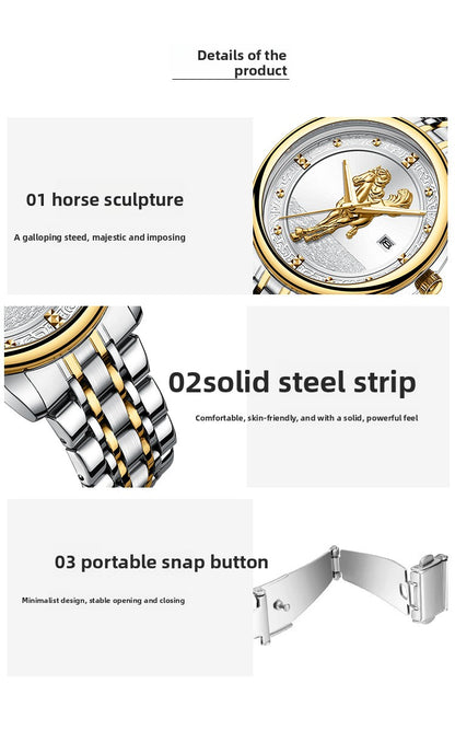 Men's Quartz Watch With Stainless Steel Strap And Double Side Snap Buckle Featuring Tempered Glass Mirror And Pointer Display