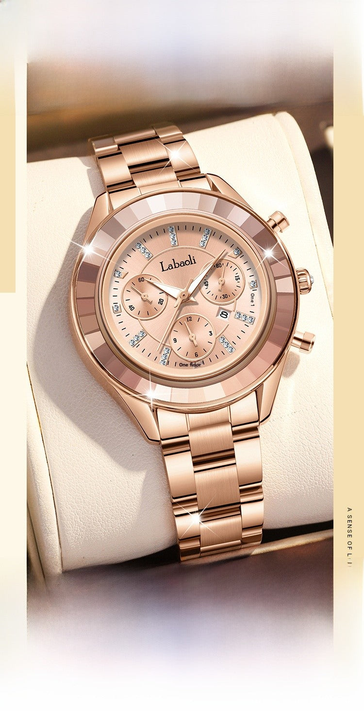 Women's Quartz Watch With Stainless Steel Strap And Butterfly Double Snap Buckle, Featuring Tempered Glass Mirror And Pointer Display