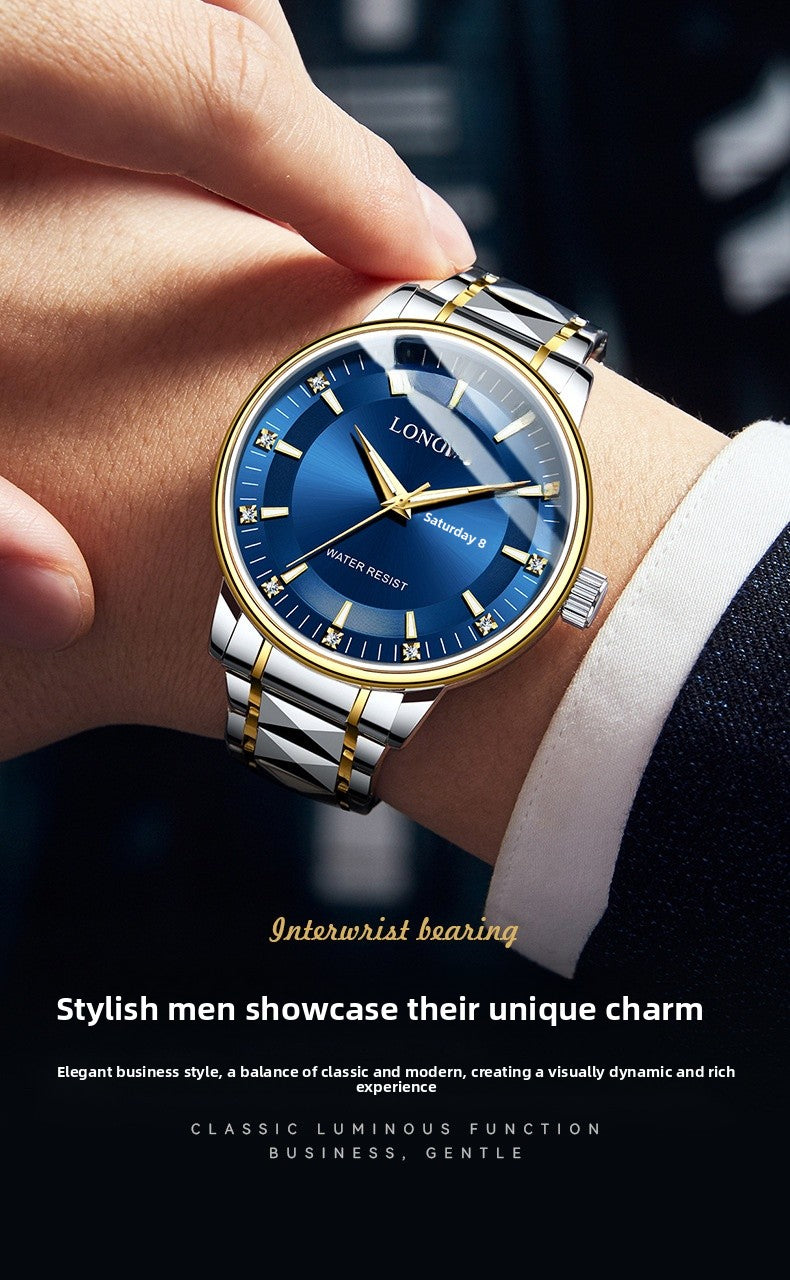 Men's Quartz Watch With Stainless Steel Strap And Butterfly Double Snap Buckle Featuring Tempered Glass Mirror And Pointer Display