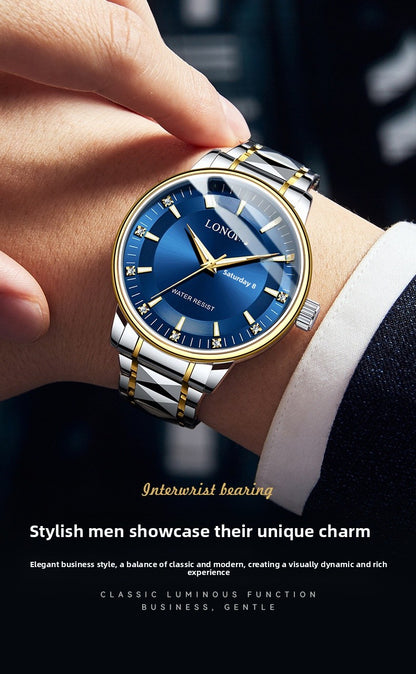 Men's Quartz Watch With Stainless Steel Strap And Butterfly Double Snap Buckle Featuring Tempered Glass Mirror And Pointer Display