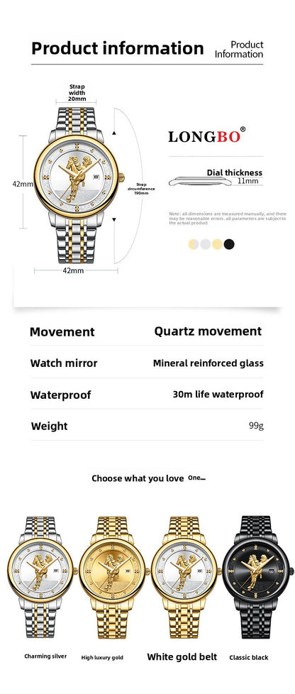 Men's Quartz Watch With Stainless Steel Strap And Double Side Snap Buckle Featuring Tempered Glass Mirror And Pointer Display