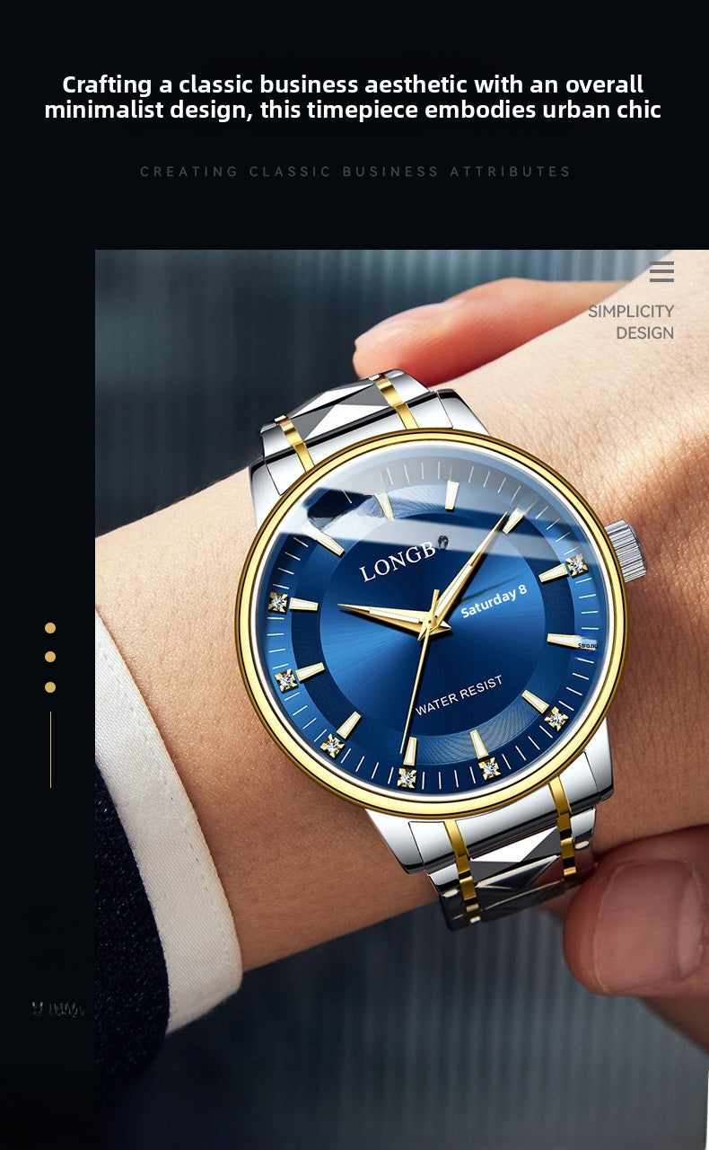 Men's Quartz Watch With Stainless Steel Strap And Butterfly Double Snap Buckle Featuring Tempered Glass Mirror And Pointer Display