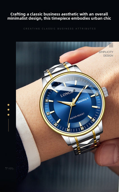 Men's Quartz Watch With Stainless Steel Strap And Butterfly Double Snap Buckle Featuring Tempered Glass Mirror And Pointer Display