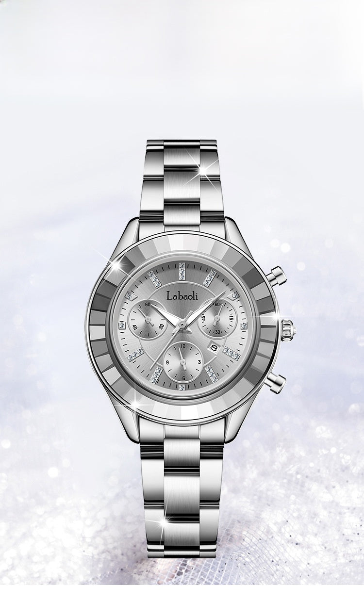 Women's Quartz Watch With Stainless Steel Strap And Butterfly Double Snap Buckle, Featuring Tempered Glass Mirror And Pointer Display