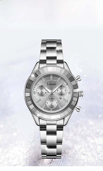 Women's Quartz Watch With Stainless Steel Strap And Butterfly Double Snap Buckle, Featuring Tempered Glass Mirror And Pointer Display