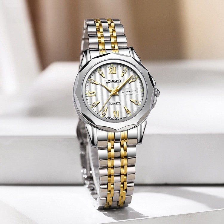 Unisex Quartz Watch With Stainless Steel Strap And Butterfly Double Snap Buckle Featuring Tempered Glass Mirror And Pointer Display