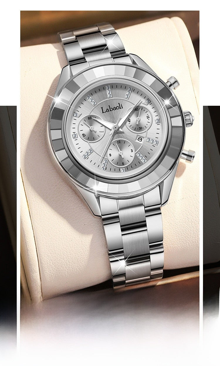 Women's Quartz Watch With Stainless Steel Strap And Butterfly Double Snap Buckle, Featuring Tempered Glass Mirror And Pointer Display