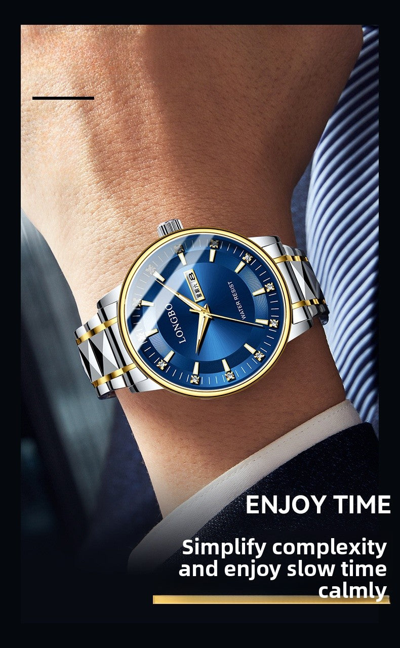 Men's Quartz Watch With Stainless Steel Strap And Butterfly Double Snap Buckle Featuring Tempered Glass Mirror And Pointer Display