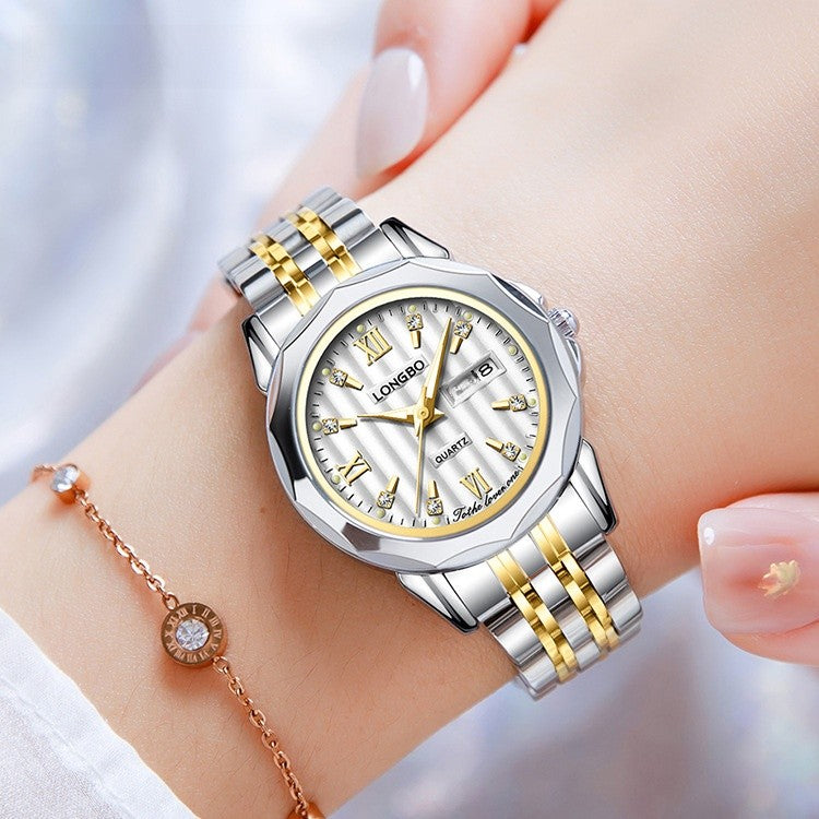 Unisex Quartz Watch With Stainless Steel Strap And Butterfly Double Snap Buckle Featuring Tempered Glass Mirror And Pointer Display