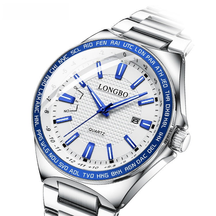 Men's Quartz Watch With Stainless Steel Strap And Double Side Snap Buckle Featuring Tempered Glass Mirror And Pointer Display