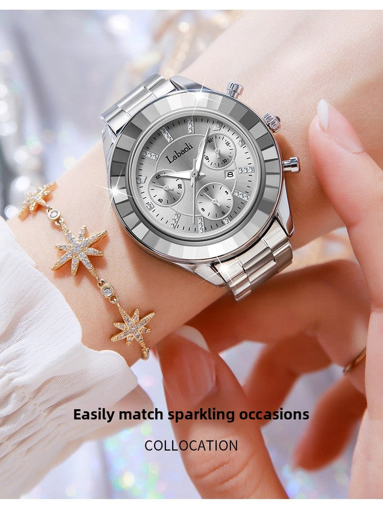 Women's Quartz Watch With Stainless Steel Strap And Butterfly Double Snap Buckle, Featuring Tempered Glass Mirror And Pointer Display