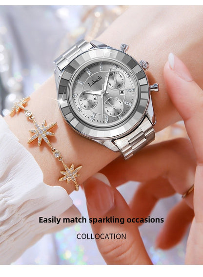 Women's Quartz Watch With Stainless Steel Strap And Butterfly Double Snap Buckle, Featuring Tempered Glass Mirror And Pointer Display