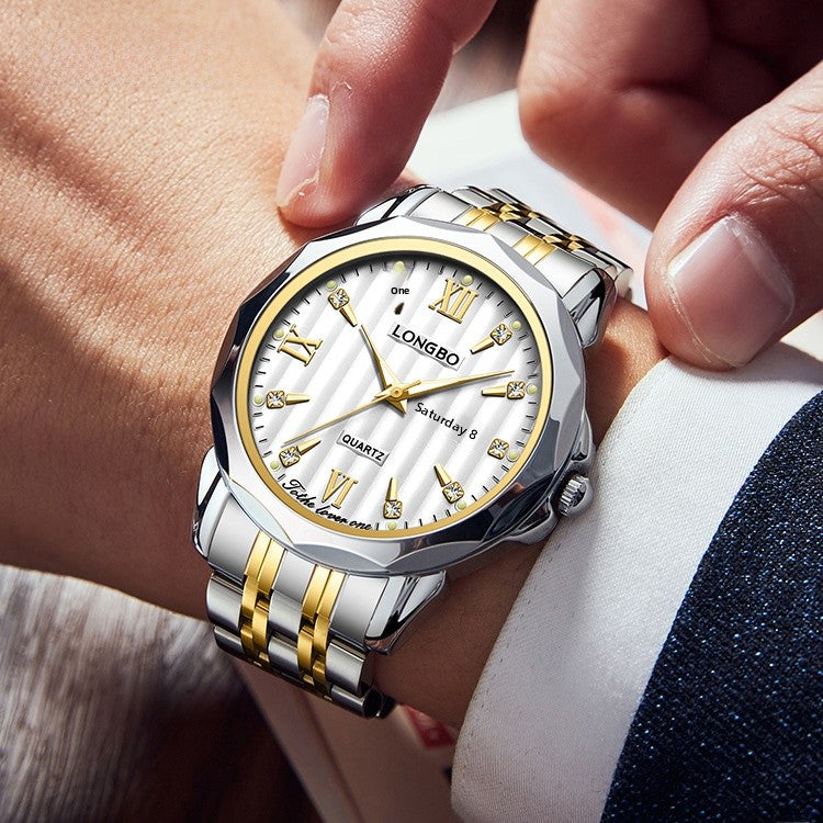 Unisex Quartz Watch With Stainless Steel Strap And Butterfly Double Snap Buckle Featuring Tempered Glass Mirror And Pointer Display