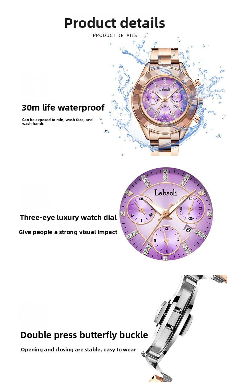 Women's Quartz Watch With Stainless Steel Strap And Butterfly Double Snap Buckle, Featuring Tempered Glass Mirror And Pointer Display