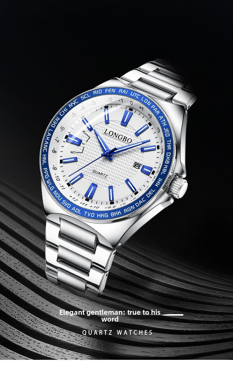 Men's Quartz Watch With Stainless Steel Strap And Double Side Snap Buckle Featuring Tempered Glass Mirror And Pointer Display