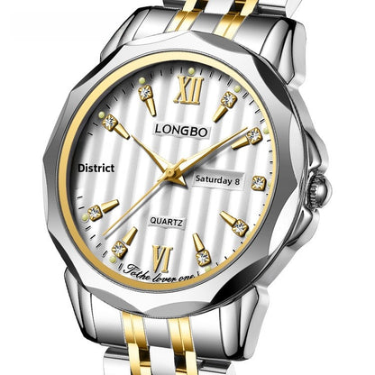 Unisex Quartz Watch With Stainless Steel Strap And Butterfly Double Snap Buckle Featuring Tempered Glass Mirror And Pointer Display