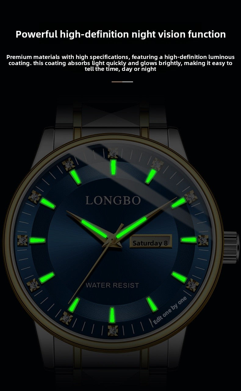 Men's Quartz Watch With Stainless Steel Strap And Butterfly Double Snap Buckle Featuring Tempered Glass Mirror And Pointer Display