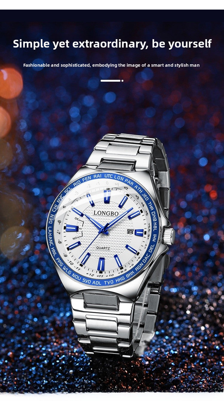 Men's Quartz Watch With Stainless Steel Strap And Double Side Snap Buckle Featuring Tempered Glass Mirror And Pointer Display