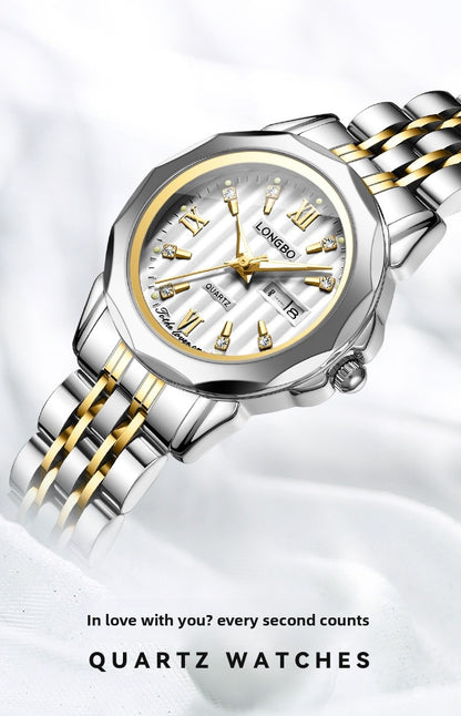 Unisex Quartz Watch With Stainless Steel Strap And Butterfly Double Snap Buckle Featuring Tempered Glass Mirror And Pointer Display