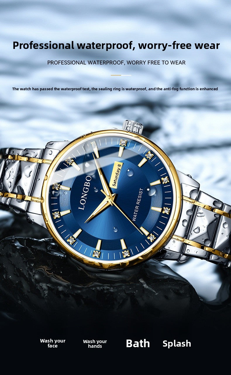 Men's Quartz Watch With Stainless Steel Strap And Butterfly Double Snap Buckle Featuring Tempered Glass Mirror And Pointer Display