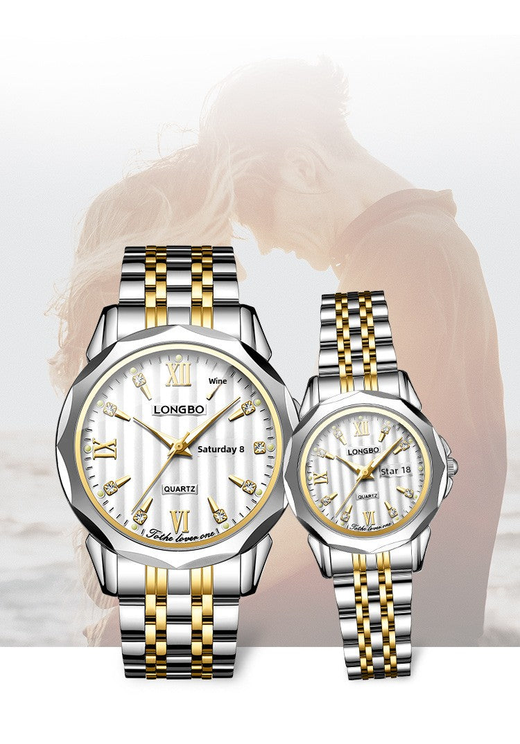 Unisex Quartz Watch With Stainless Steel Strap And Butterfly Double Snap Buckle Featuring Tempered Glass Mirror And Pointer Display