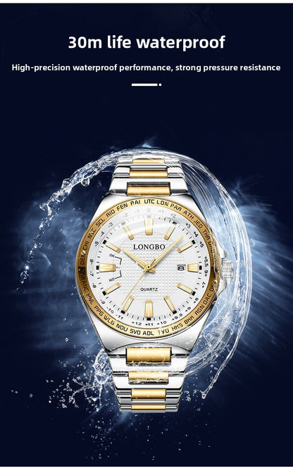 Men's Quartz Watch With Stainless Steel Strap And Double Side Snap Buckle Featuring Tempered Glass Mirror And Pointer Display