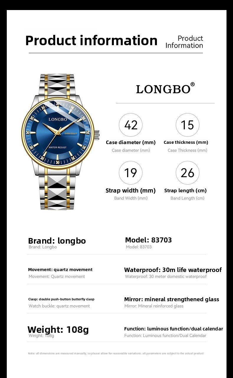 Men's Quartz Watch With Stainless Steel Strap And Butterfly Double Snap Buckle Featuring Tempered Glass Mirror And Pointer Display