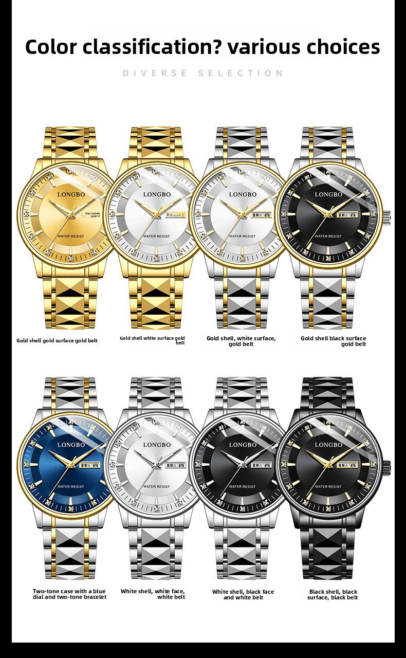 Men's Quartz Watch With Stainless Steel Strap And Butterfly Double Snap Buckle Featuring Tempered Glass Mirror And Pointer Display