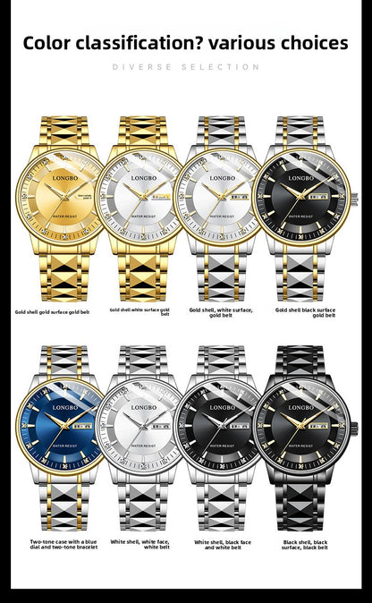 Men's Quartz Watch With Stainless Steel Strap And Butterfly Double Snap Buckle Featuring Tempered Glass Mirror And Pointer Display