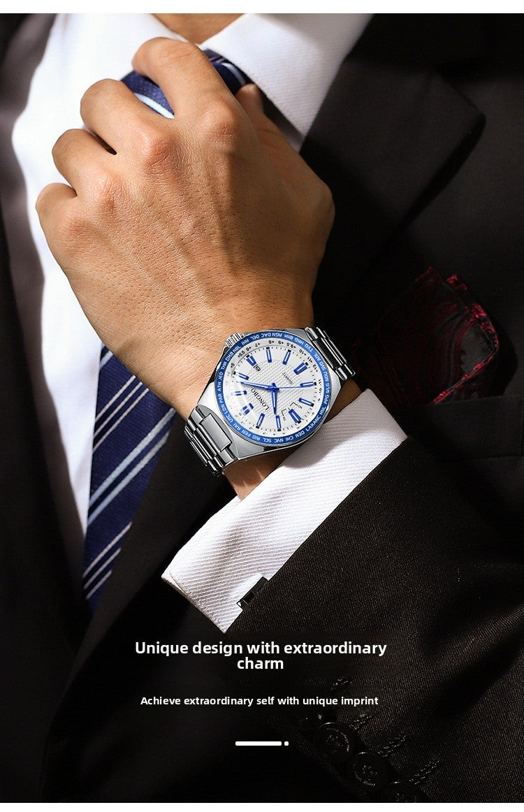 Men's Quartz Watch With Stainless Steel Strap And Double Side Snap Buckle Featuring Tempered Glass Mirror And Pointer Display