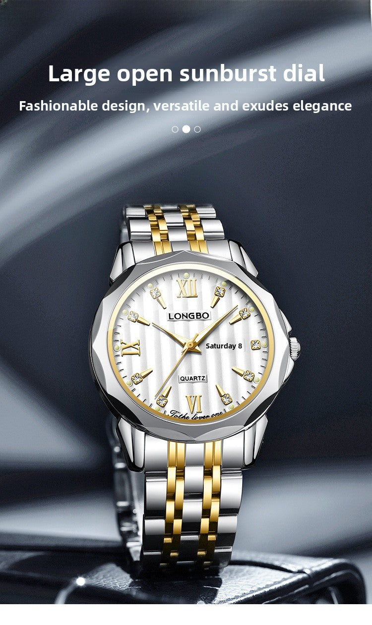 Unisex Quartz Watch With Stainless Steel Strap And Butterfly Double Snap Buckle Featuring Tempered Glass Mirror And Pointer Display
