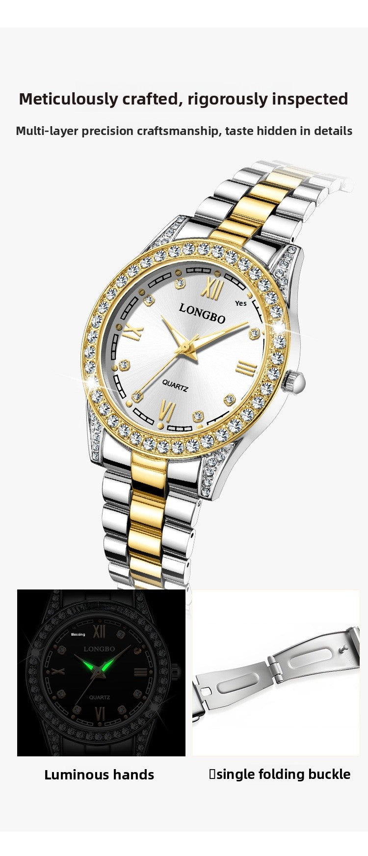 Quartz Watch Unisex With Stainless Steel Strap, Single Folding Buckle, Tempered Glass, Pointer Display, Round Dial