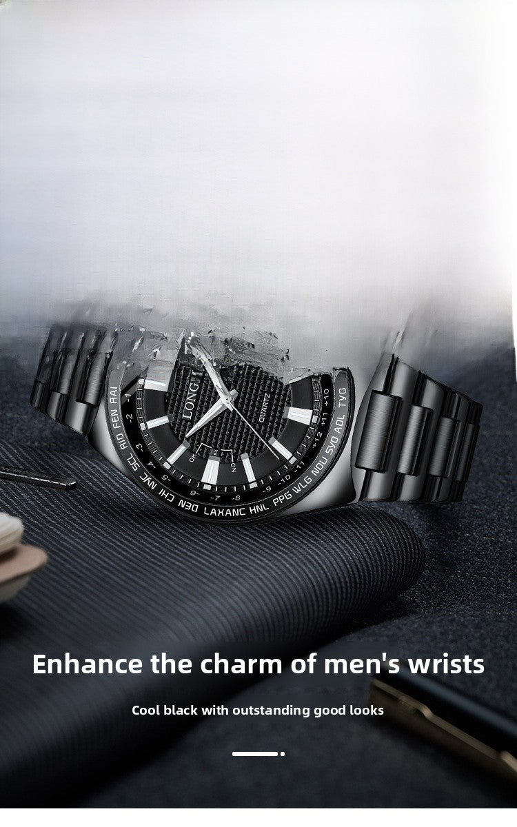 Men's Quartz Watch With Stainless Steel Strap And Double Side Snap Buckle Featuring Tempered Glass Mirror And Pointer Display
