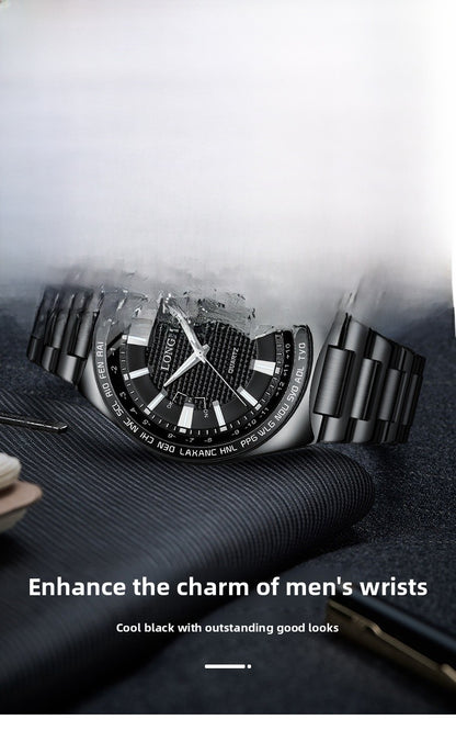 Men's Quartz Watch With Stainless Steel Strap And Double Side Snap Buckle Featuring Tempered Glass Mirror And Pointer Display