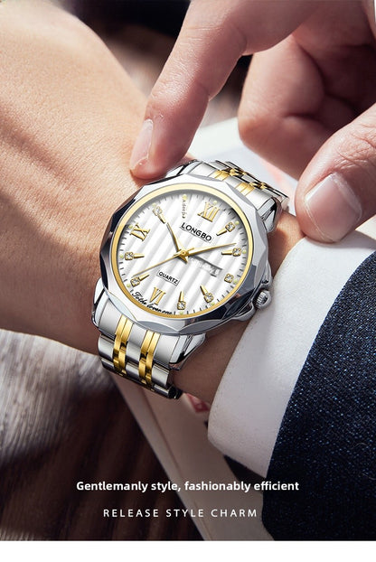 Unisex Quartz Watch With Stainless Steel Strap And Butterfly Double Snap Buckle Featuring Tempered Glass Mirror And Pointer Display