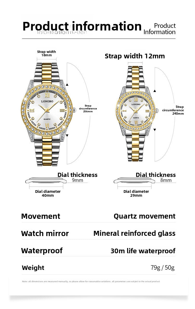 Quartz Watch Unisex With Stainless Steel Strap, Single Folding Buckle, Tempered Glass, Pointer Display, Round Dial
