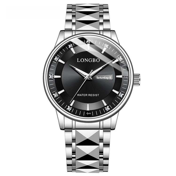 Men's Quartz Watch With Stainless Steel Strap And Butterfly Double Snap Buckle Featuring Tempered Glass Mirror And Pointer Display