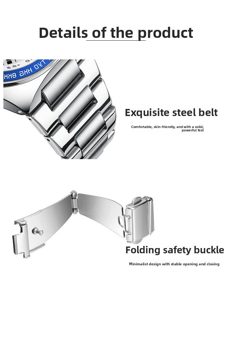 Men's Quartz Watch With Stainless Steel Strap And Double Side Snap Buckle Featuring Tempered Glass Mirror And Pointer Display