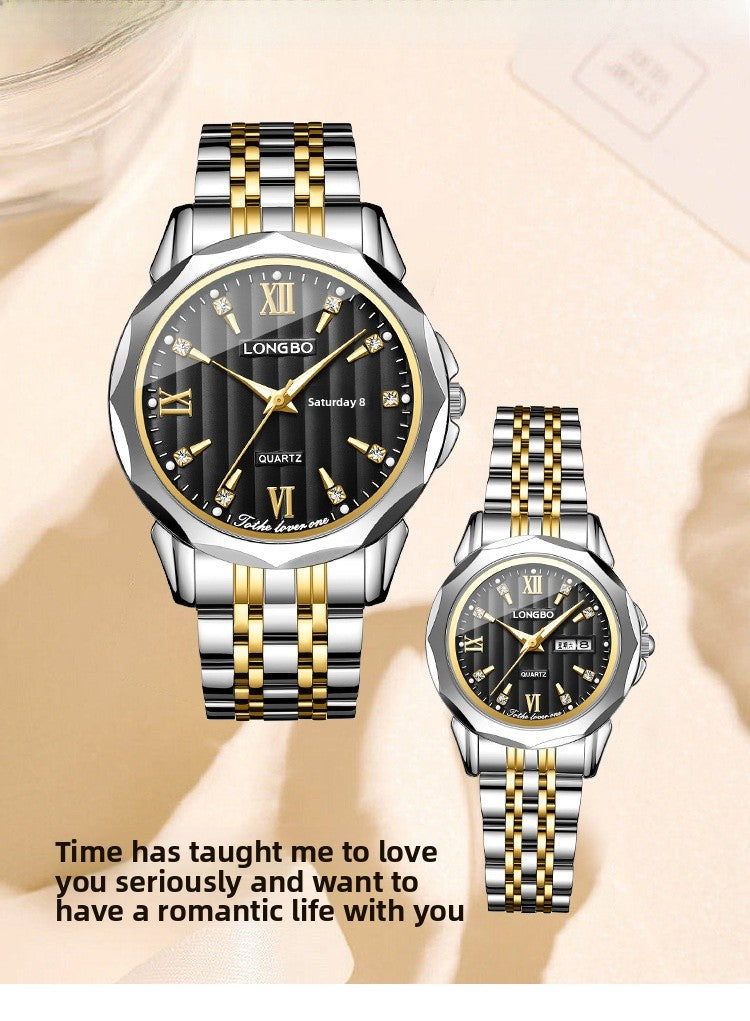 Unisex Quartz Watch With Stainless Steel Strap And Butterfly Double Snap Buckle Featuring Tempered Glass Mirror And Pointer Display