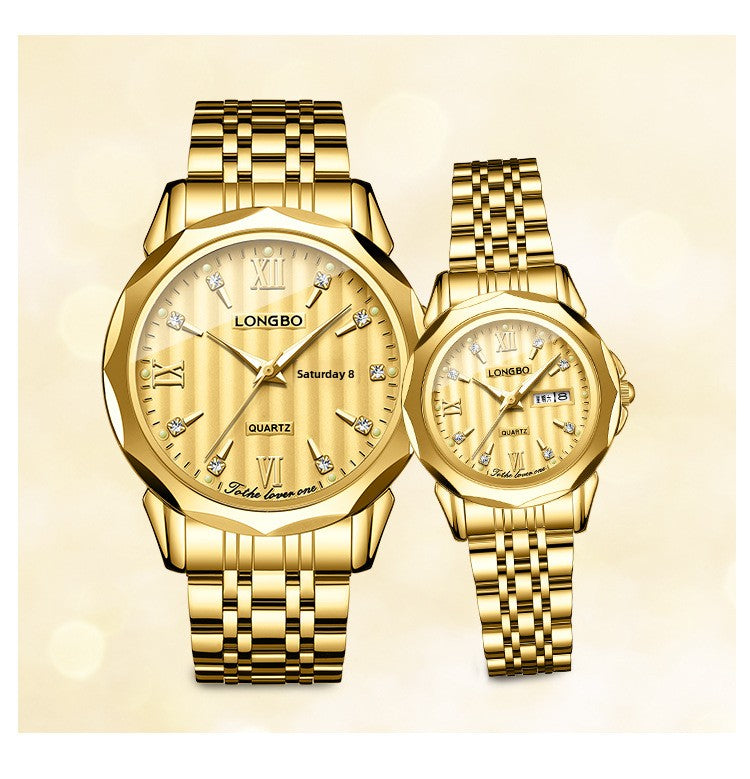 Unisex Quartz Watch With Stainless Steel Strap And Butterfly Double Snap Buckle Featuring Tempered Glass Mirror And Pointer Display