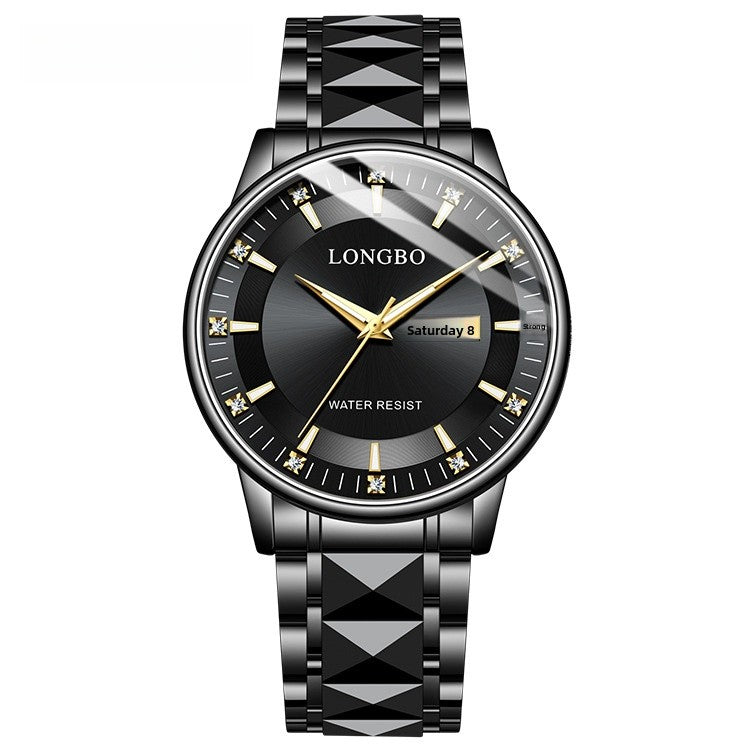 Men's Quartz Watch With Stainless Steel Strap And Butterfly Double Snap Buckle Featuring Tempered Glass Mirror And Pointer Display