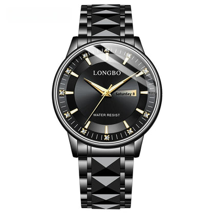 Men's Quartz Watch With Stainless Steel Strap And Butterfly Double Snap Buckle Featuring Tempered Glass Mirror And Pointer Display