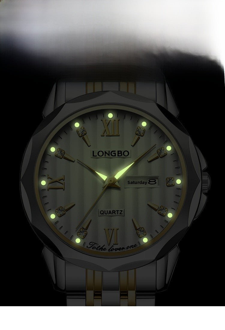 Unisex Quartz Watch With Stainless Steel Strap And Butterfly Double Snap Buckle Featuring Tempered Glass Mirror And Pointer Display