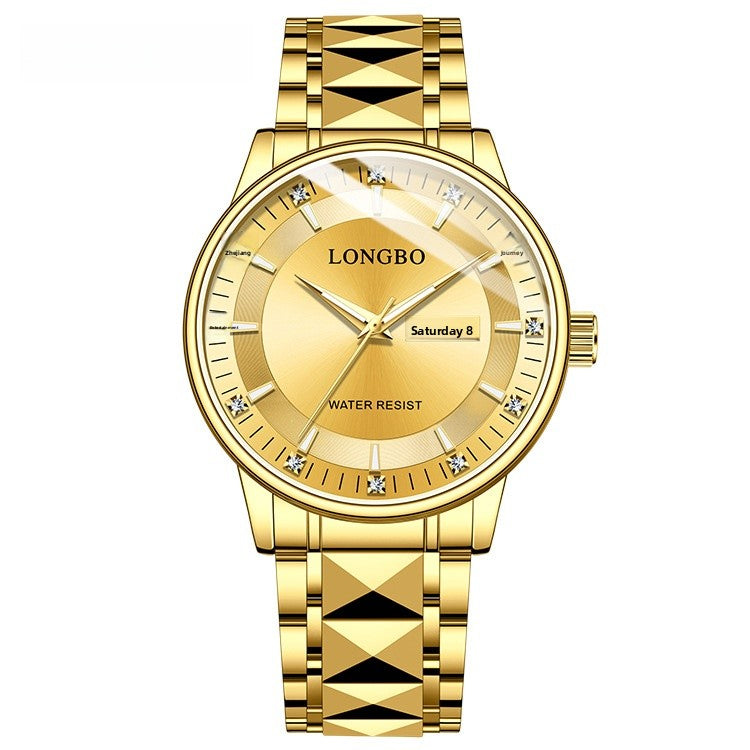 Men's Quartz Watch With Stainless Steel Strap And Butterfly Double Snap Buckle Featuring Tempered Glass Mirror And Pointer Display