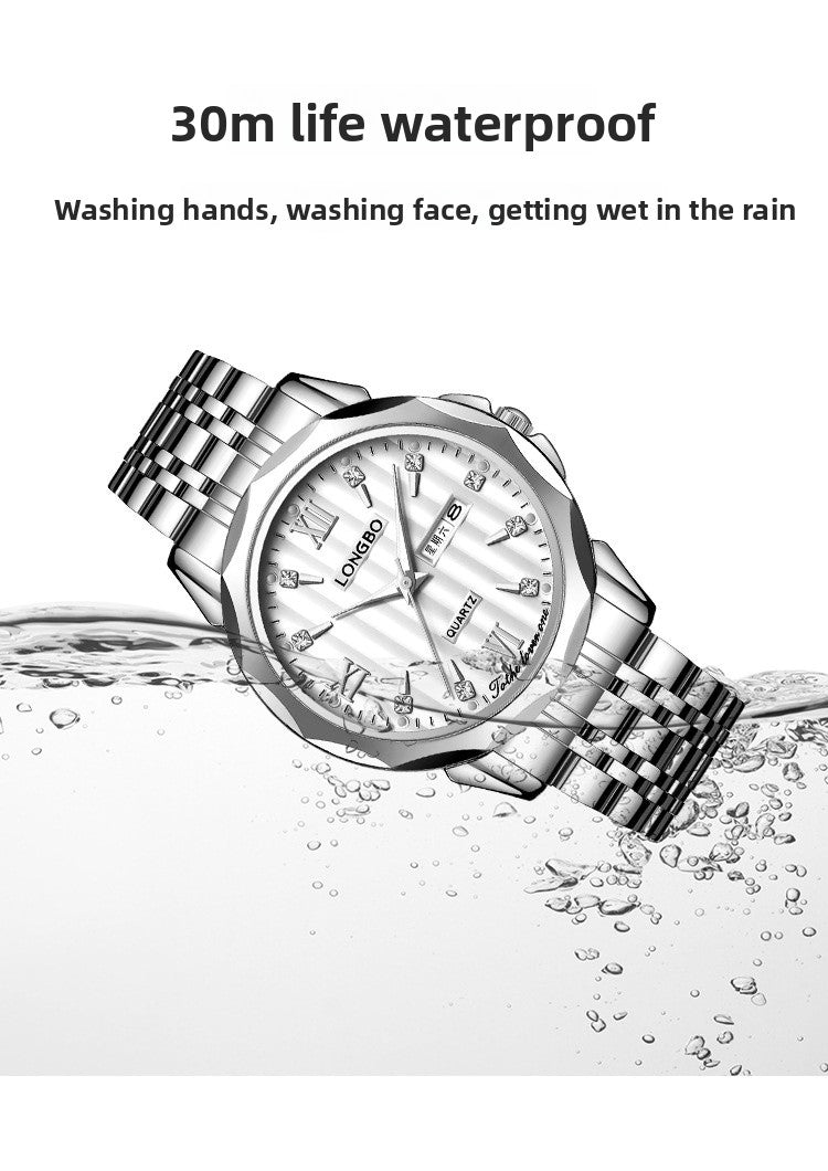 Unisex Quartz Watch With Stainless Steel Strap And Butterfly Double Snap Buckle Featuring Tempered Glass Mirror And Pointer Display