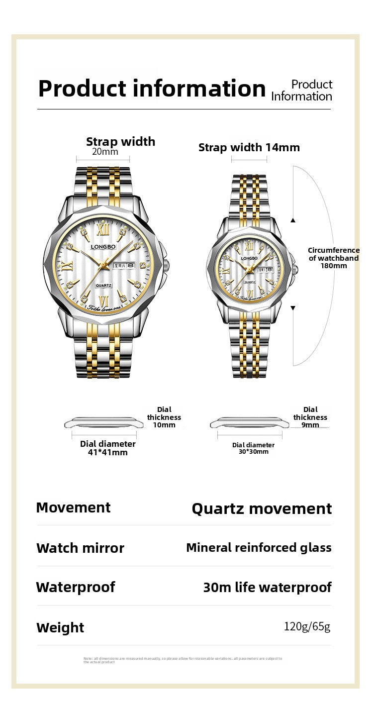Unisex Quartz Watch With Stainless Steel Strap And Butterfly Double Snap Buckle Featuring Tempered Glass Mirror And Pointer Display