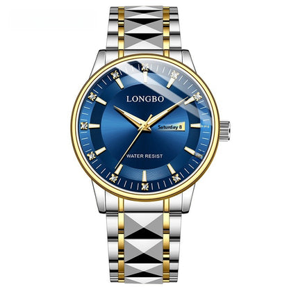 Men's Quartz Watch With Stainless Steel Strap And Butterfly Double Snap Buckle Featuring Tempered Glass Mirror And Pointer Display