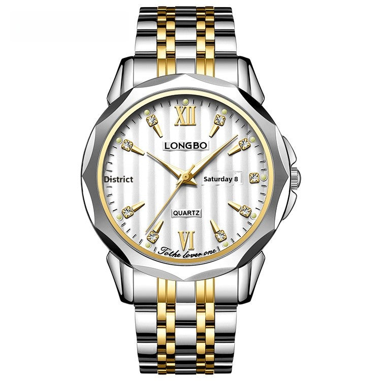 Unisex Quartz Watch With Stainless Steel Strap And Butterfly Double Snap Buckle Featuring Tempered Glass Mirror And Pointer Display