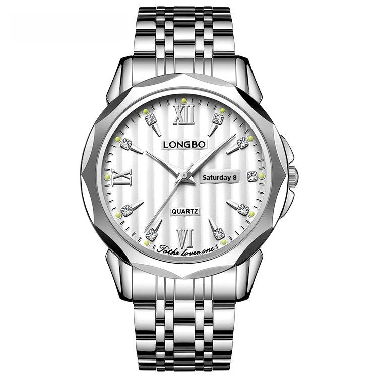 Unisex Quartz Watch With Stainless Steel Strap And Butterfly Double Snap Buckle Featuring Tempered Glass Mirror And Pointer Display